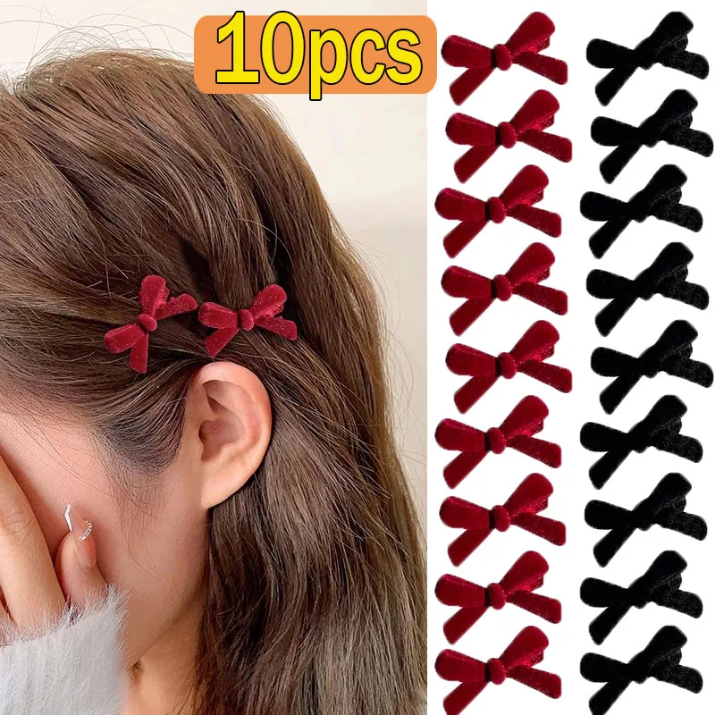 10pcs Mini Red Velvet Bow Hair Clips Little Girls Sweet Candy Color Velvet Bow Knot Hairpins Hairgrips Barrette Hair Accessories