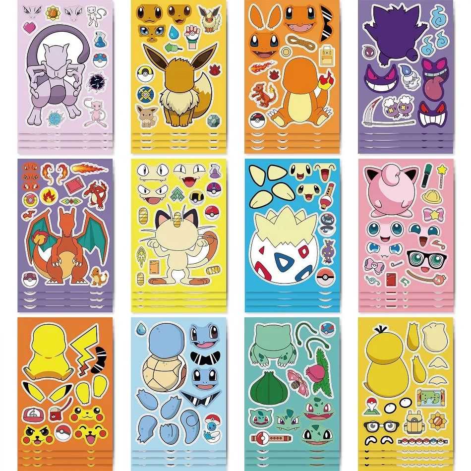 12Sheets Children DIY Puzzle Sticker Pokemon Face Funny Anime Pikachu Assemble Stickers Kids Toys Boys Girls Gifts