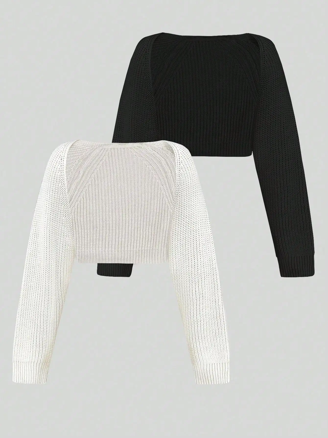 

BWQ 2pcs Solid Color Ribbed Knit Shawl Cardigan & Long Sleeve Top