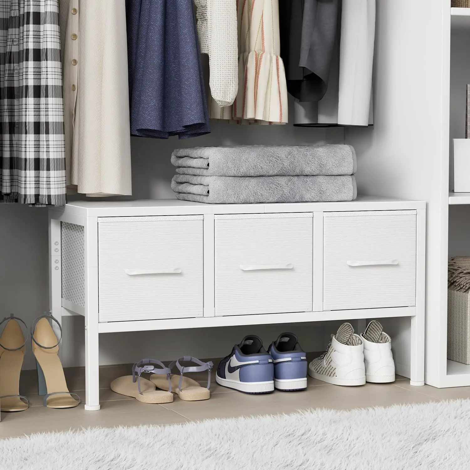 

Closet Storage with 3 Fabric Drawers Small White Dresser for Closet Floor Organizer Dorm Bedroom White