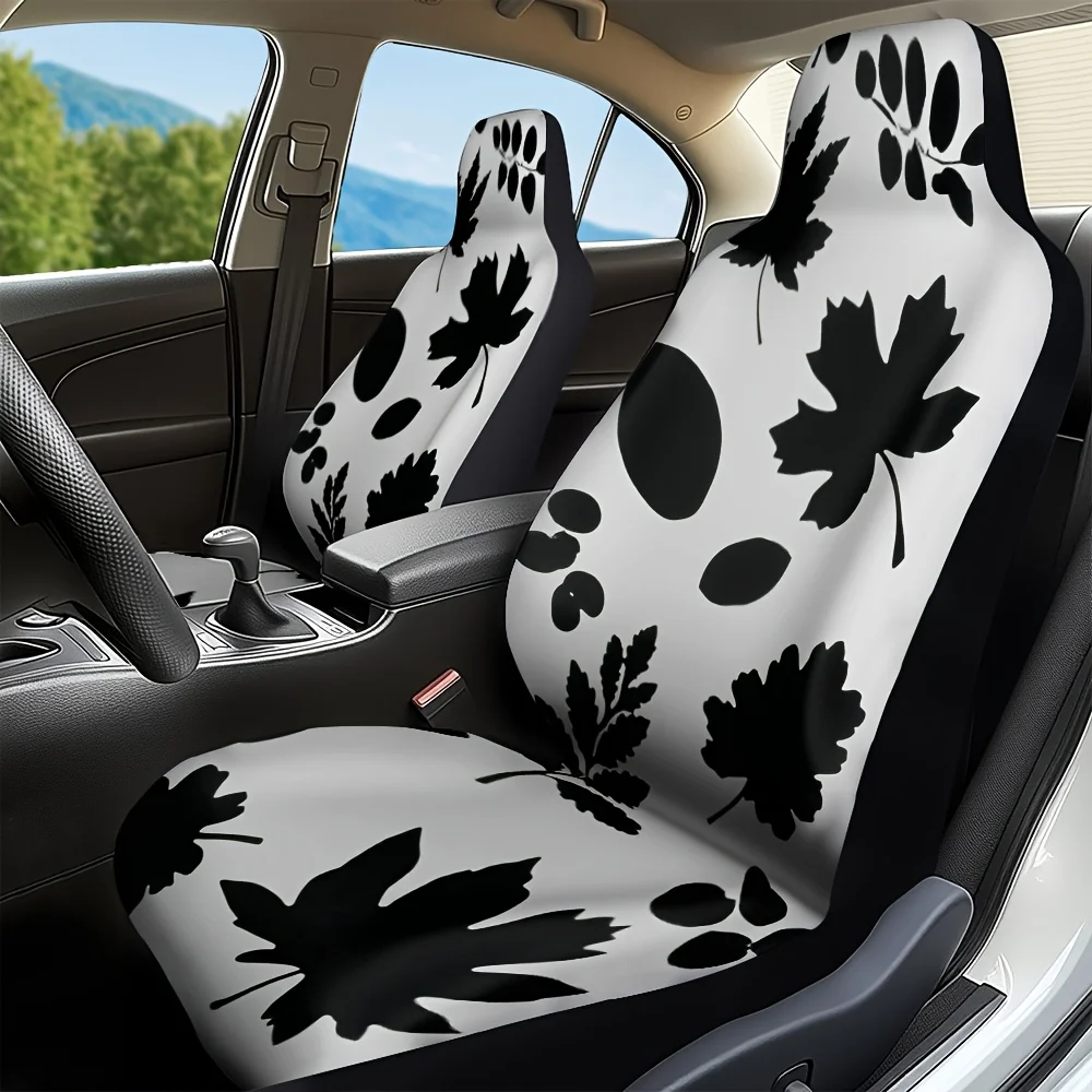 2pcs, Black Silhouette Leaves Print Car Seat Covers Fit For Front Seats, Easy Install And Washable, Fit For Cars, SUVs, Trucks