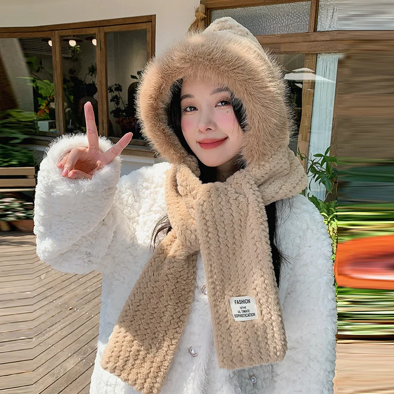 Hat Scarf Women\'s Cap Autumn Winter Knitted Thickened Warm Winter Cycling Fox Hair Ear Protection Hooded