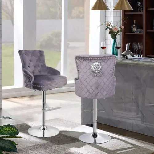 Chrome Adjustable Counter Velvet Bar Stools Lion Knocker with Stable Base High Back Dining Chair Grey/Black