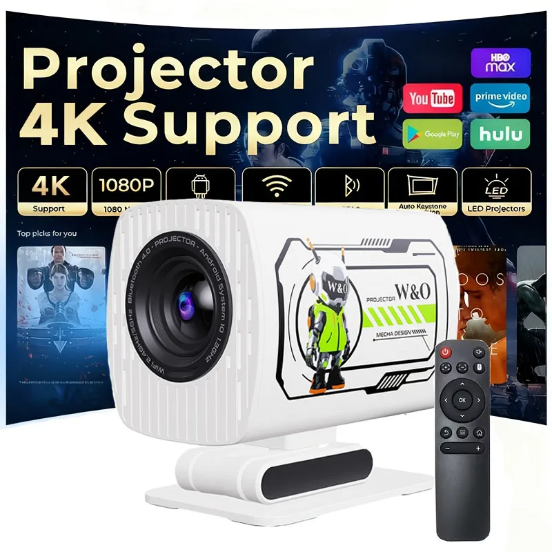 W&O Mini Projector Android 10 Auto Focus Keystone 1080P Native 4K Support WiFi6 BT4.0 Portable Home Theater Outdoor Camping