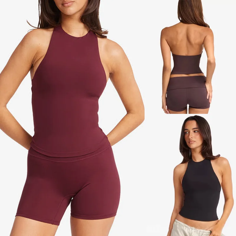 Ensemble de yoga ONE TO WAN pour femme : Débardeur de fitness avec coussinets de poitrine et dos élégant, et Short de sport taille haute à séchage rapide