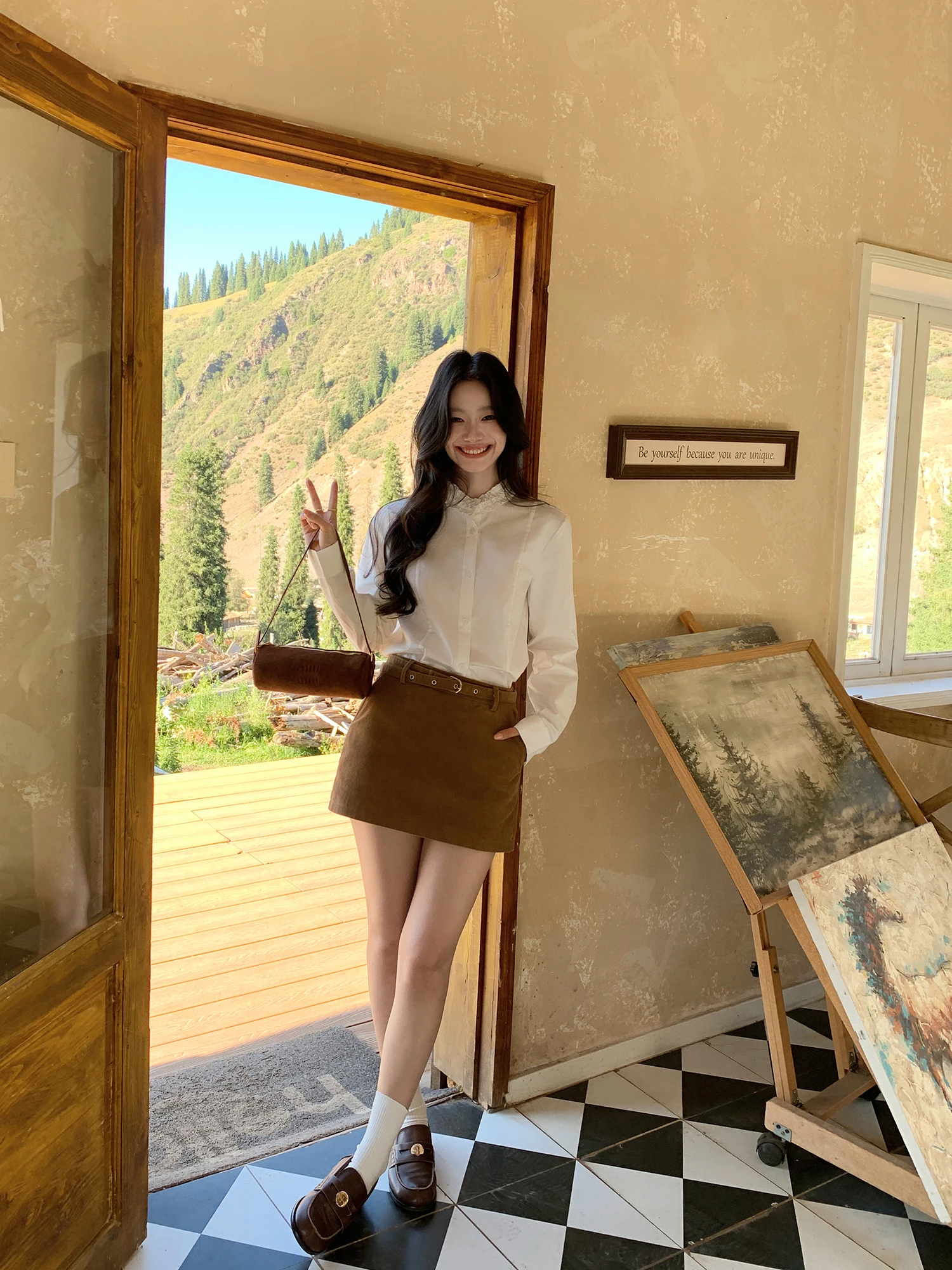 Pusumede Retro Tone Corduroy A-Line  Skirt Women's Autumn Winter Removable Waist Belt Bodycon Short Skirt