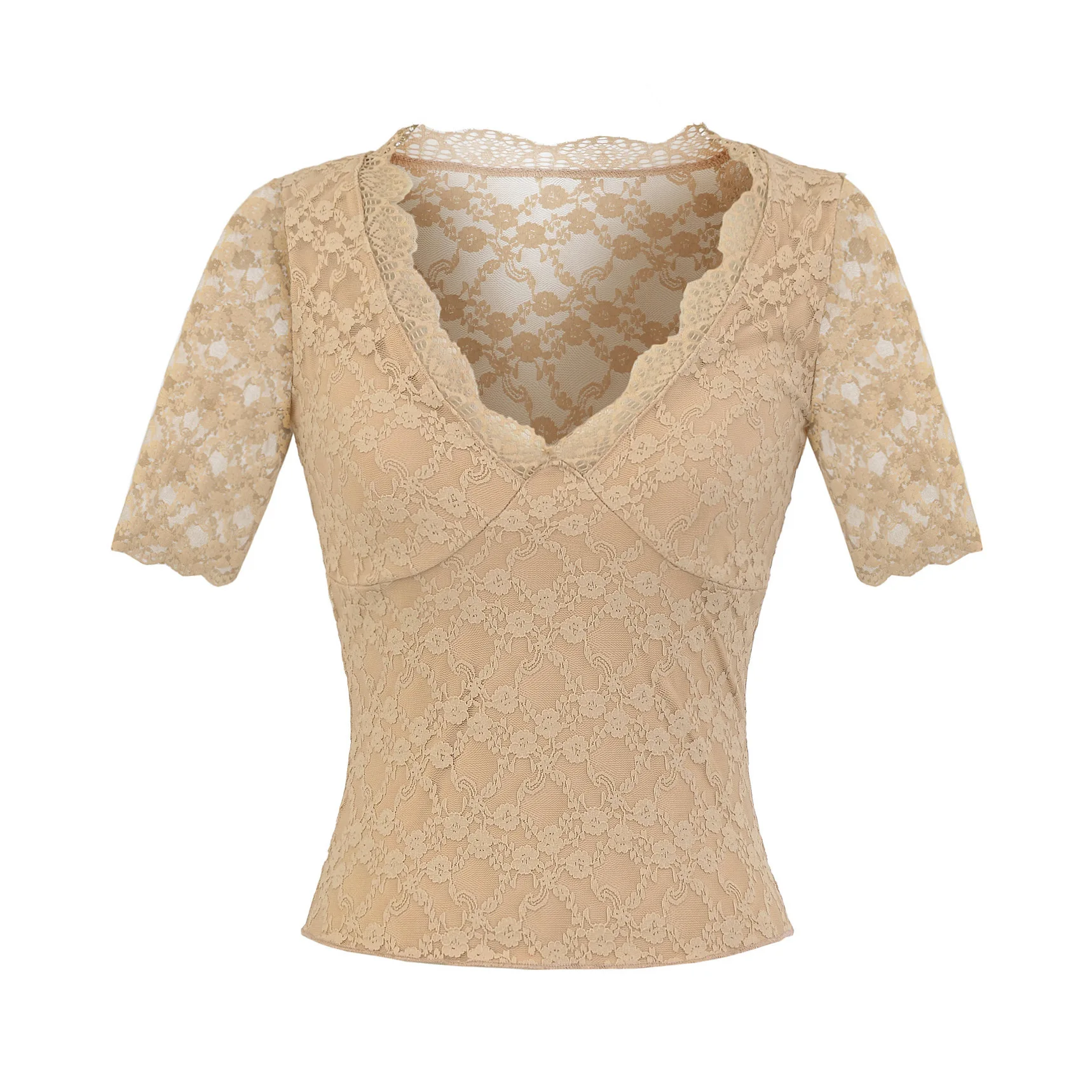 رغبة نقية نمط جديد فتاة ساخنة مثير الدانتيل الخامس الرقبة طويلة الأكمام تي شيرت المرأة 2025 صيف جديد سليم زهرة مطبوعة صالح البنطال القصير 5R4L