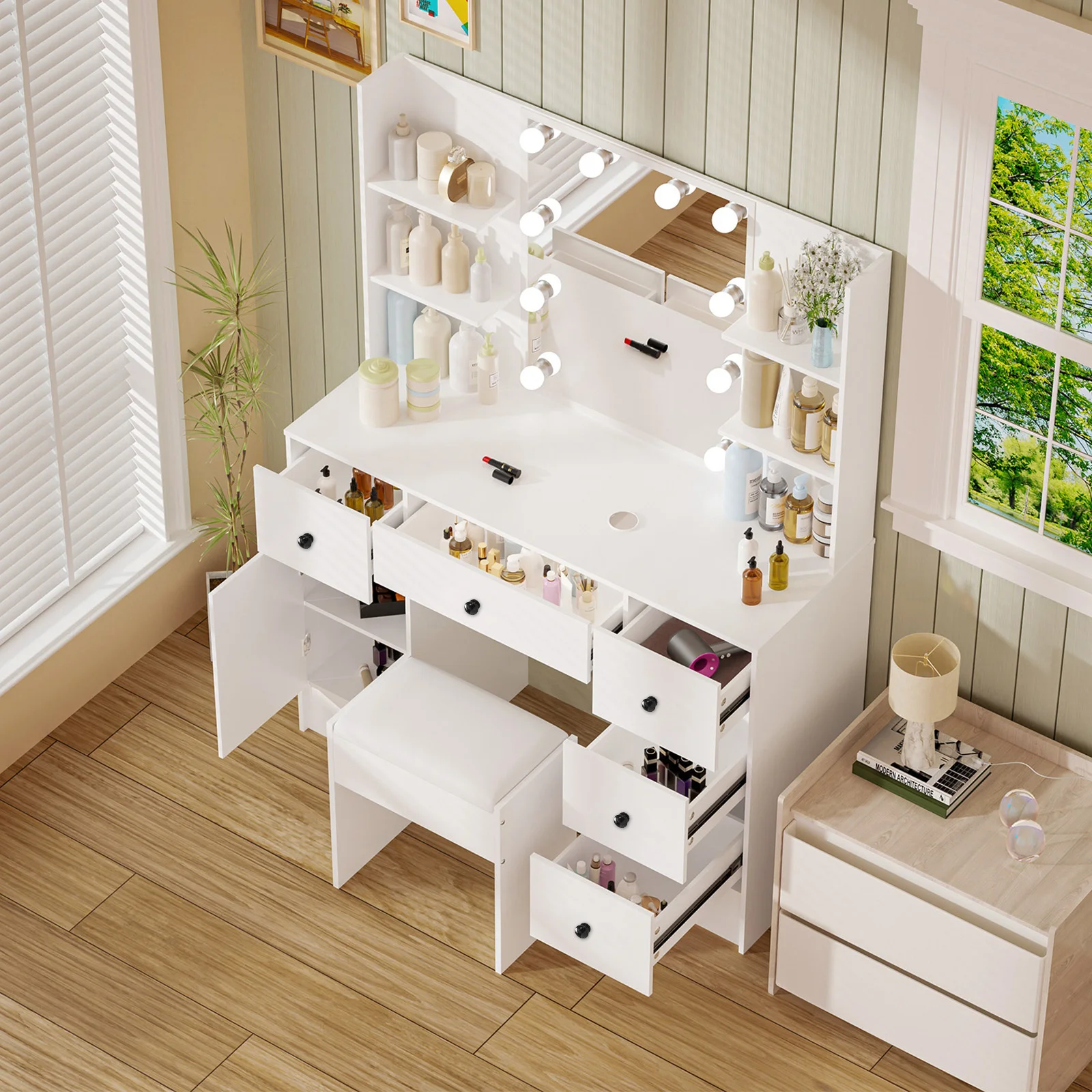 Teousev White Modern Vanity Set with 10 LED Lighted Mirror 5 Drawers & Stool 3 Color Dimmable Easy Assembly Bedroom Dressers image 5