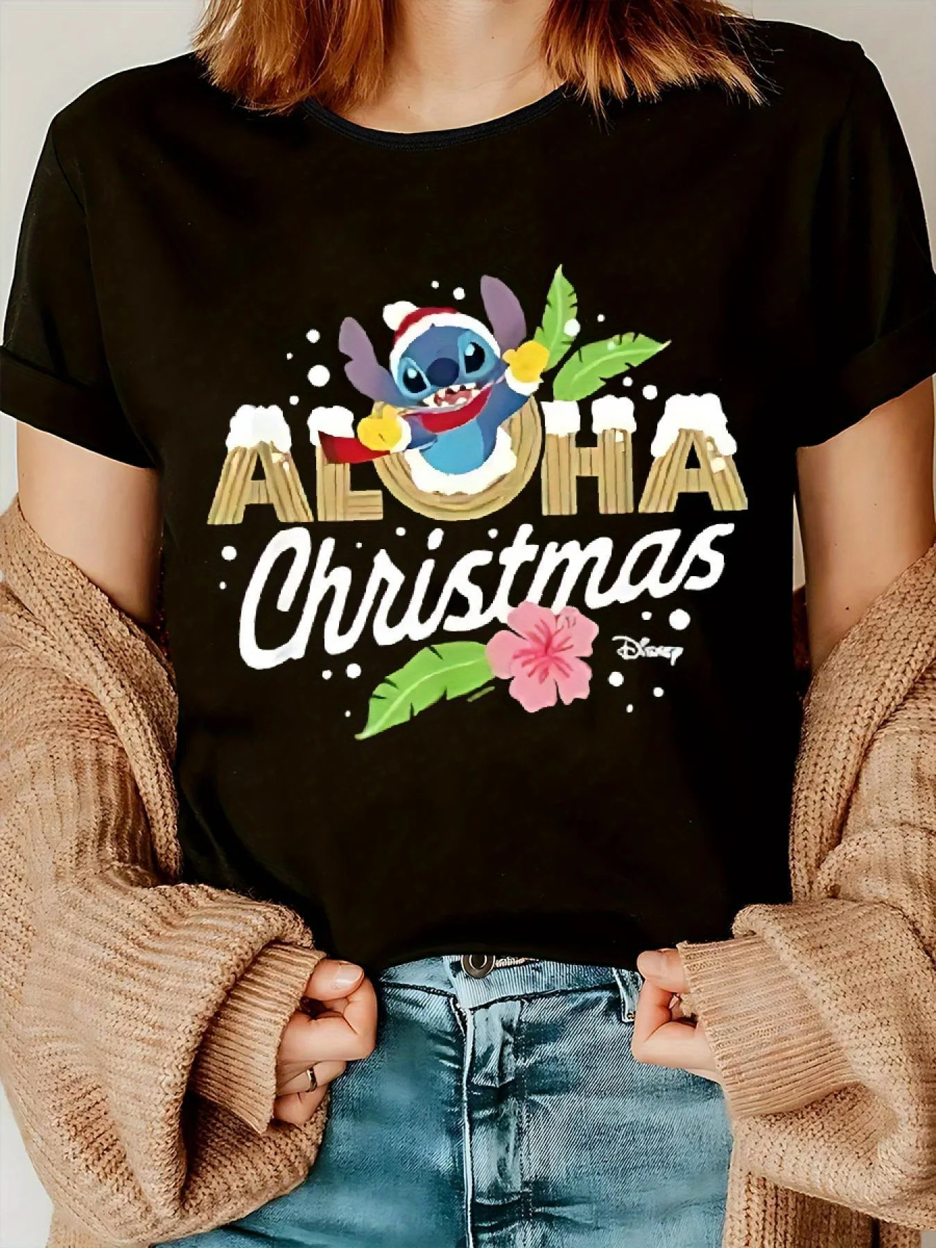 

Stitch Aloha Christmas T-Shirt for Women - Casual Black Tee with Festive Hawaiian Design, Short Sleeve, Round Neck