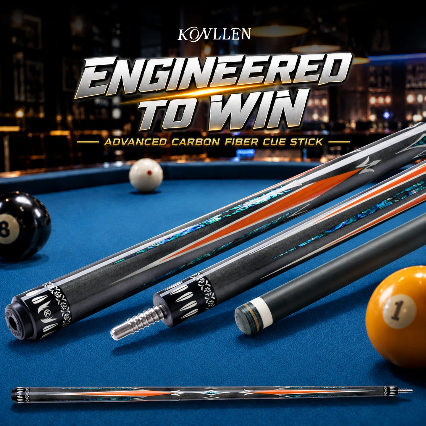 Pool Cue Stick Carbon Fiber CFX Shaft Low Deflection 9-Layer 11.8/12.4mm Tip Titanium 3/8x8 Joint Wrapless 58in KONLLEN