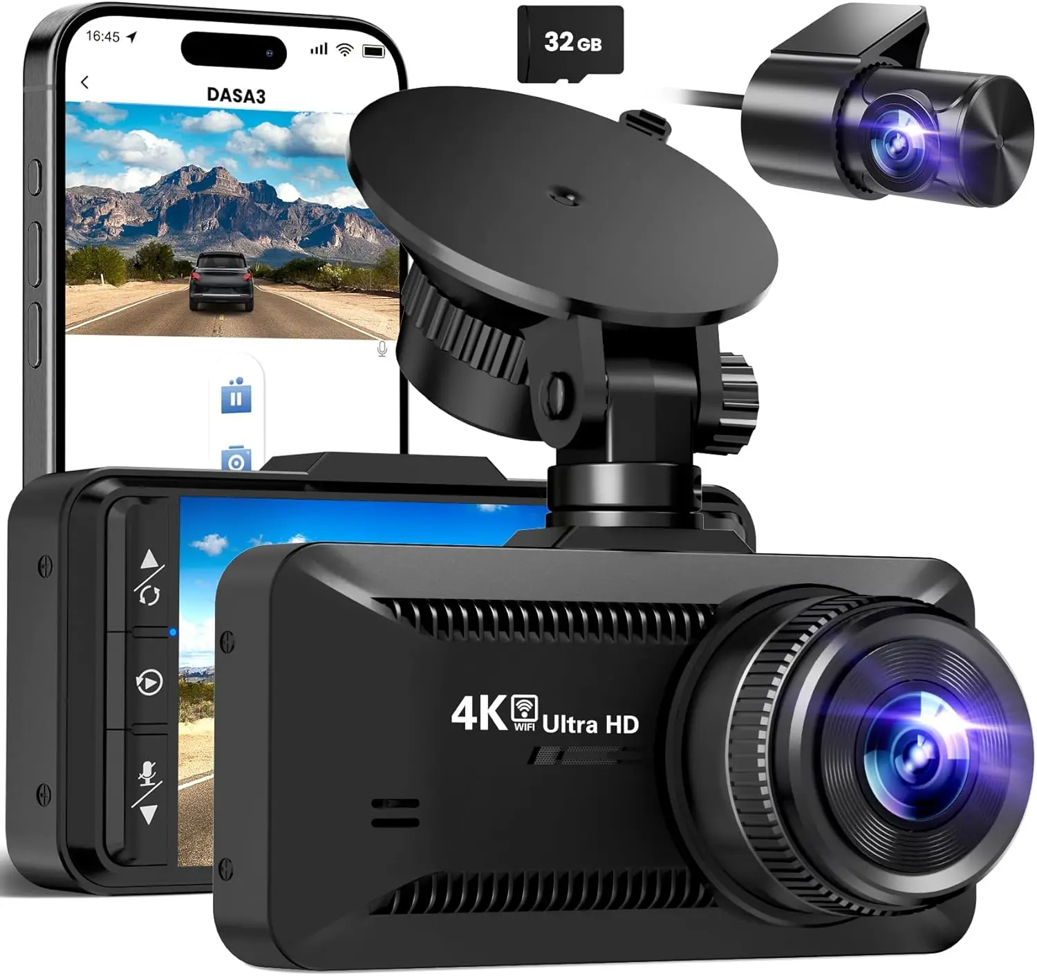 

Передняя и задняя видеорегистратор 4K с Wi-Fi, управлением через приложение, G-сенсором, монитором парковки, циклической записи