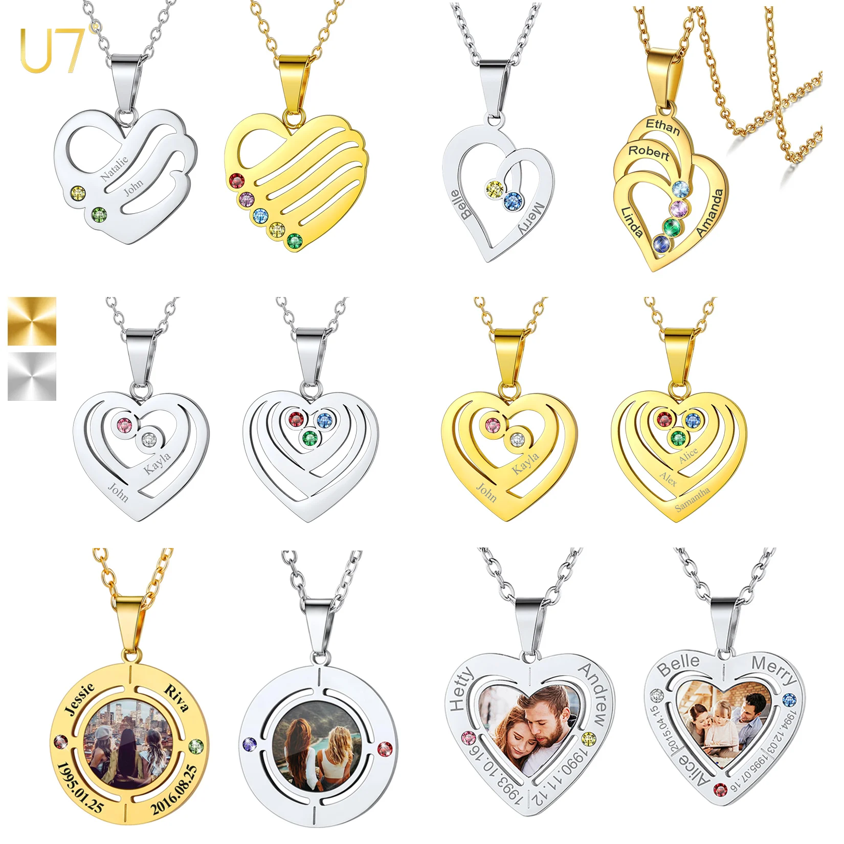 

U7 Custom 2-5pcs Birthstones Necklaces for Woman Heart/round Pendant Family Names Jewelry Gift for Daughter Mother Grandma