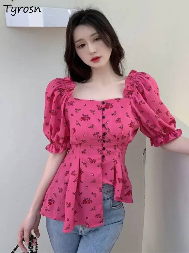 

Shirts Women Elegant Chic Floral Tender Square Collar Leisure Simple All-match Puff Sleeve Daily French Style Summer Temperament