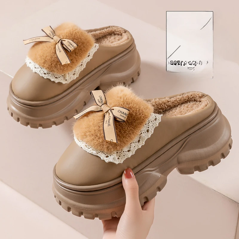 Slippers Women Winter Shoes Waterproof Cotton Slides Thick Sole Indoor Home Shoes Lady Warm Outdoor Butterfly Knot Plush Slipper