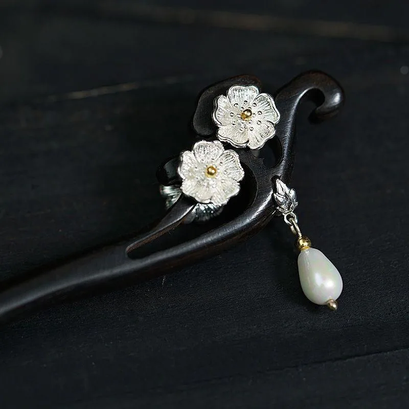 1pc Oriental Floral Wooden Hair Stick Delicate Pearl Tassel Flower Design Hanfu Elegance Cultural Gatherings Graceful Styles