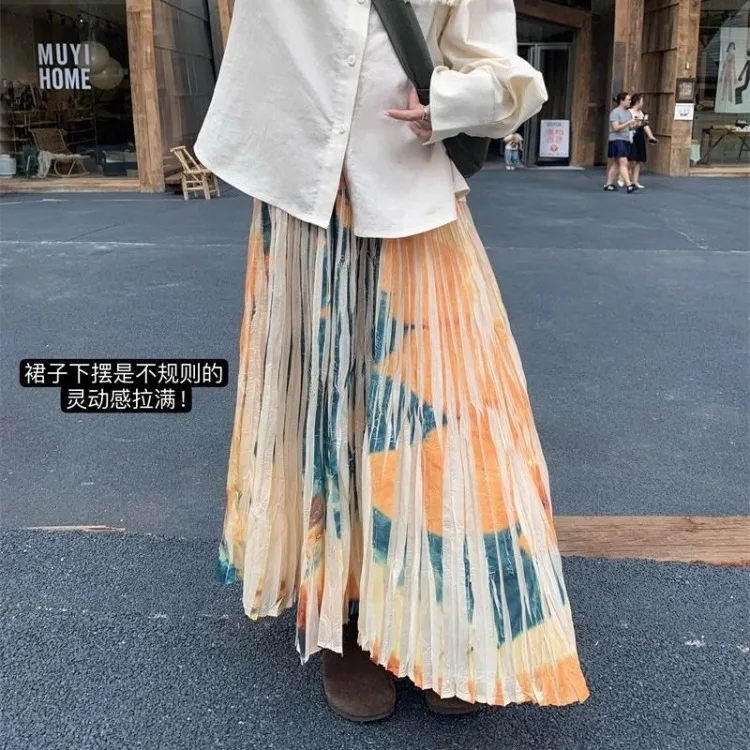 Autumn Winter New Mid-length Loose Skirts Y2k Irregular Ruched All-match Skirt for Women High Waist Sunflower Print Faldas Mujer