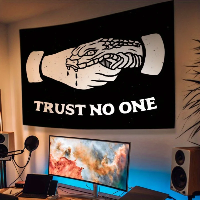 Trust No One Tapestry, Streetwear Graffiti Wall Hanging, Snake Handshake Art Dark Aesthetic Room Decor Hip Hop Poster Edgy Goth