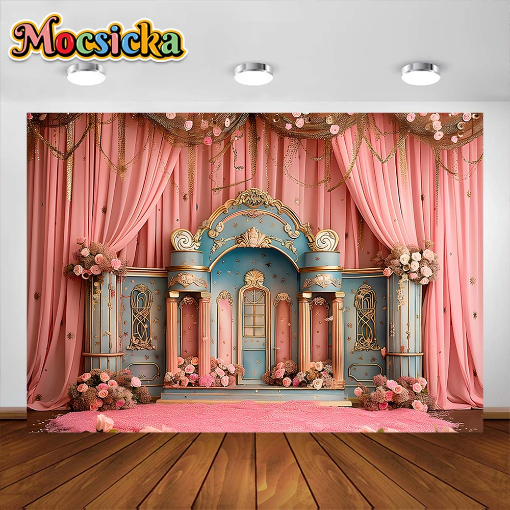 Retro Theater Photography Backgrounds Pink Curtain Castle Party Decora Supplies Cake Crush Baby Shower Backdrop Studio Props