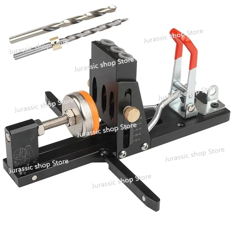 

Woodworking Oblique Hole Punch Locator Pocket Hole Jig with Front-Mounted Clamp Drill Guide Tool Kit Aluminum Joinery Tools