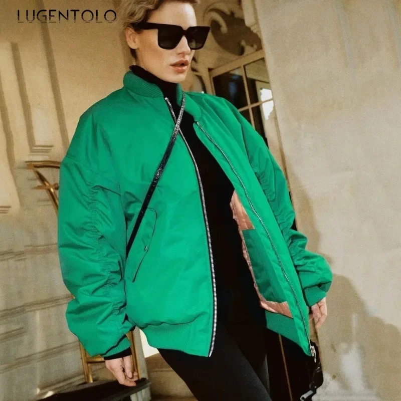 Women Fashion Parka Y2k Thickened O-Neck Loose Bomber Jacket New Chic Oblique Pocket Zip Coats Oversized Casual Baseball Shirt