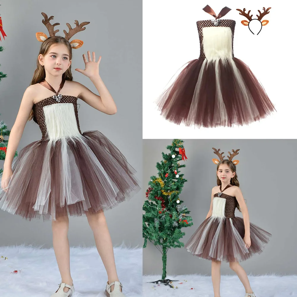 Kids Girls Elk Cosplay Reindeer Tutu Dress Costume Christmas Stage Performance Children Clothing Headband Halloween Party Suit