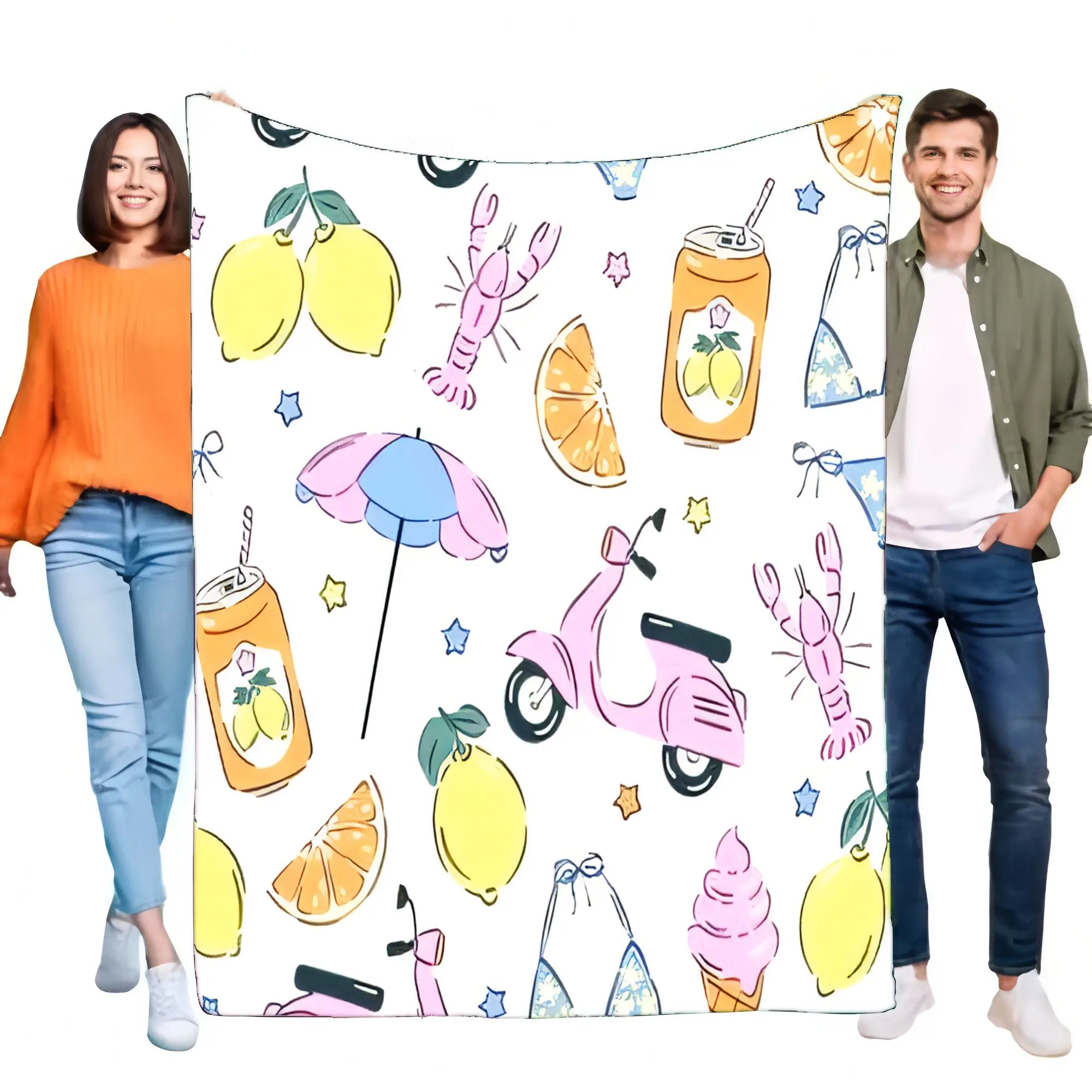 Summer Vacation Blanket Throw with Lemon Lobster Scooter Bikini Ice Cream Print Soft Plush for Bed Sofa Beach Holiday Gift