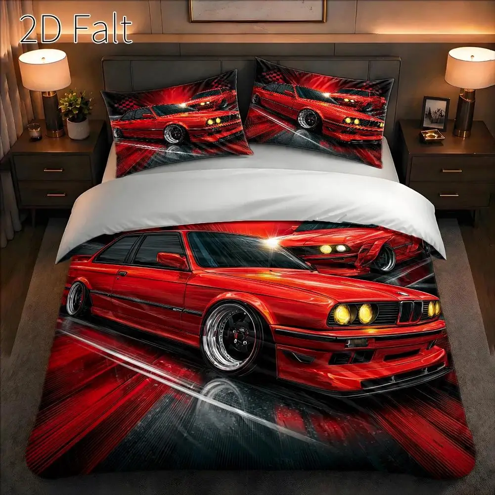 3Pcs Red Car Theme Futuristic Tech Style Racing Festival Duvet Cover Set with 1Pc Duvet Cover and 2Pcs Pillowcases Bedding Accessories Quilt Cover