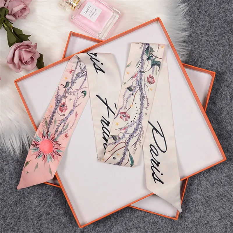 Dawn Garden Pink Brand Skinny Scarf Women Bag Scarves 2024 New Design Silk Scarf For Ladies Foulard Wrist Towel Neckerchief