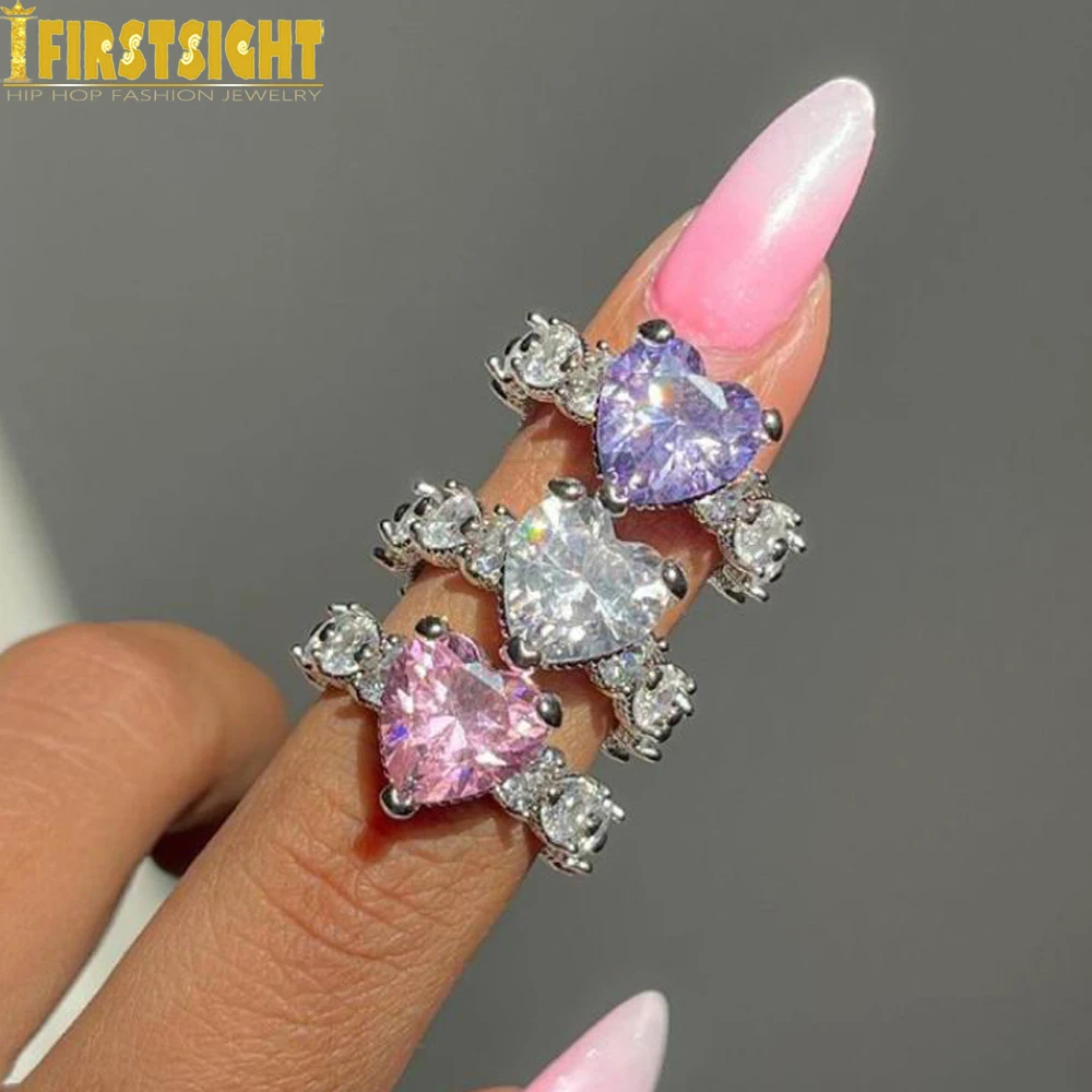 New Rose Gold Color Pink Heart Ring Iced Out Bling 5A CZ Cubic Zircon Hearts Engagement Wedding Band Rings For Women Men Jewelry