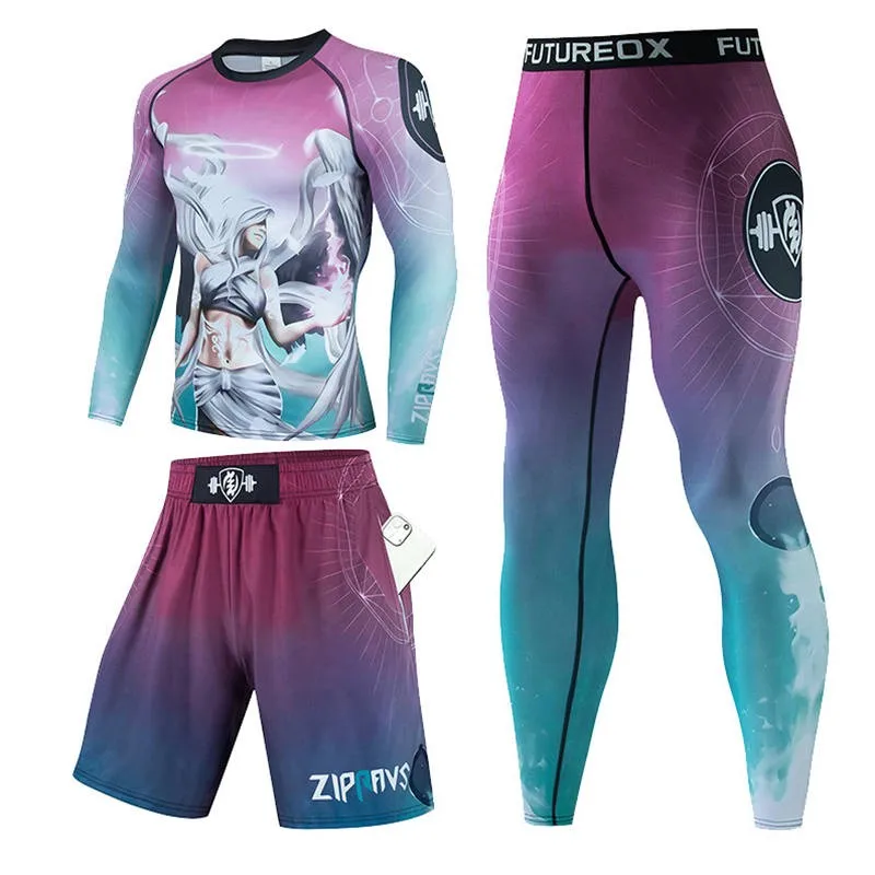 3 Pcs Men's Muay Thai Men MMA Kickboxing Sport Gym Suit BJJ  T Shirts Rash Guard Fitness Tracksuit Boxing Jersey Running Set 92