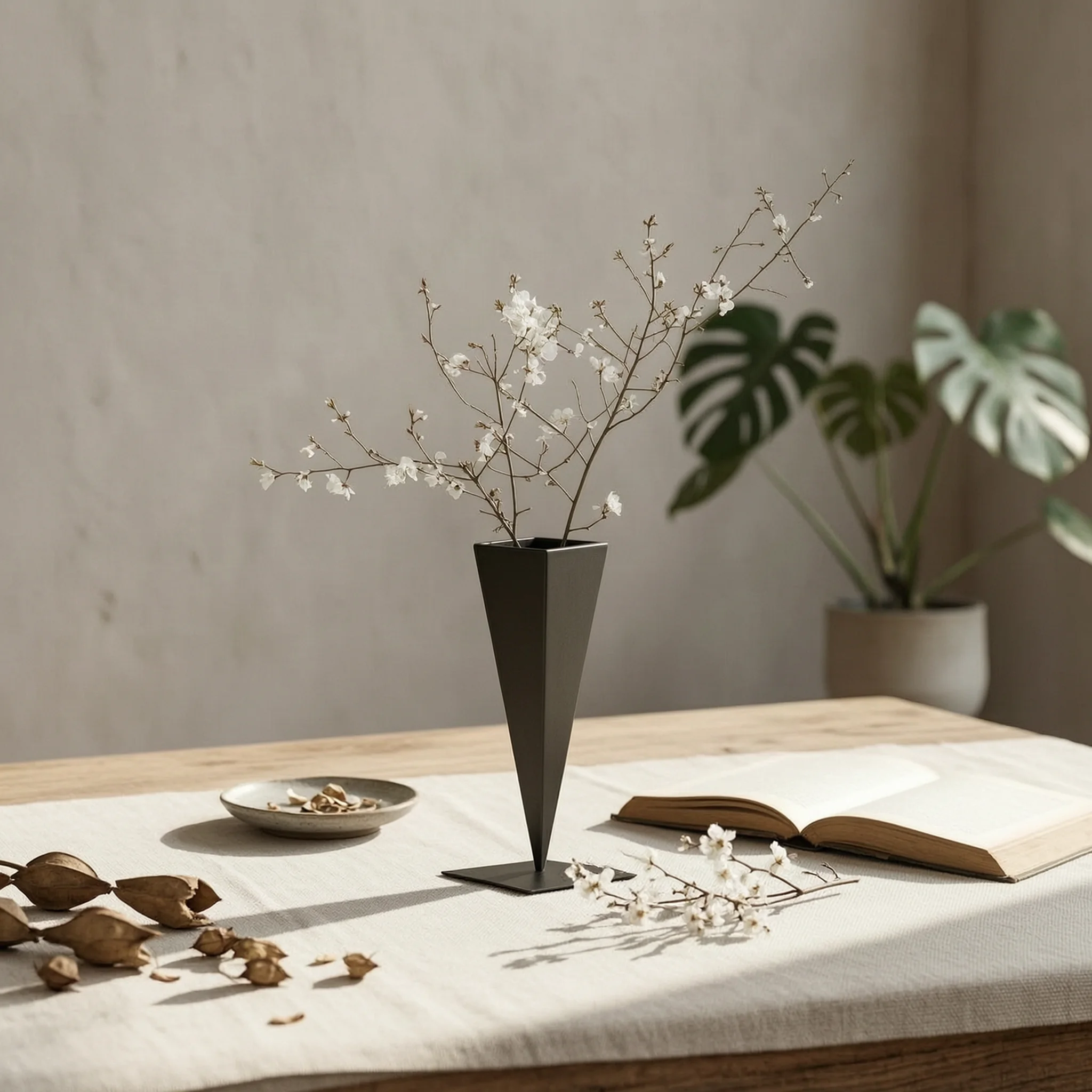 Iron Vase with Square Base Tall Triangular Vase Flower Holder Tapered Vessel Sculptural for Minimalists, Living Room, Entryway