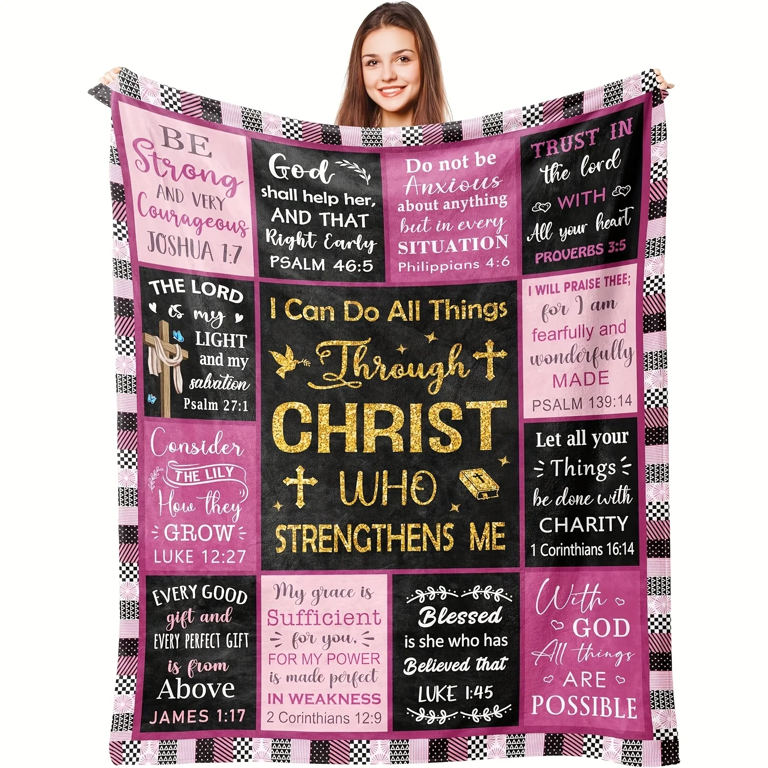 

Soft Flannel Christian Inspirational Throwing Blanket with Religious Message and Praying Hand Illustration
