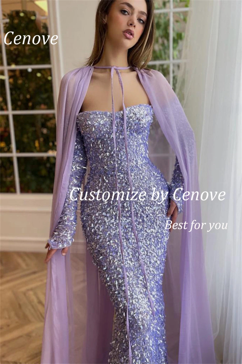 Cenove Mermaid Shawl Sequin Evening Chiffon Gown Formal Princess Prom Strapless Long Purple New Party Dresses for Women 2023