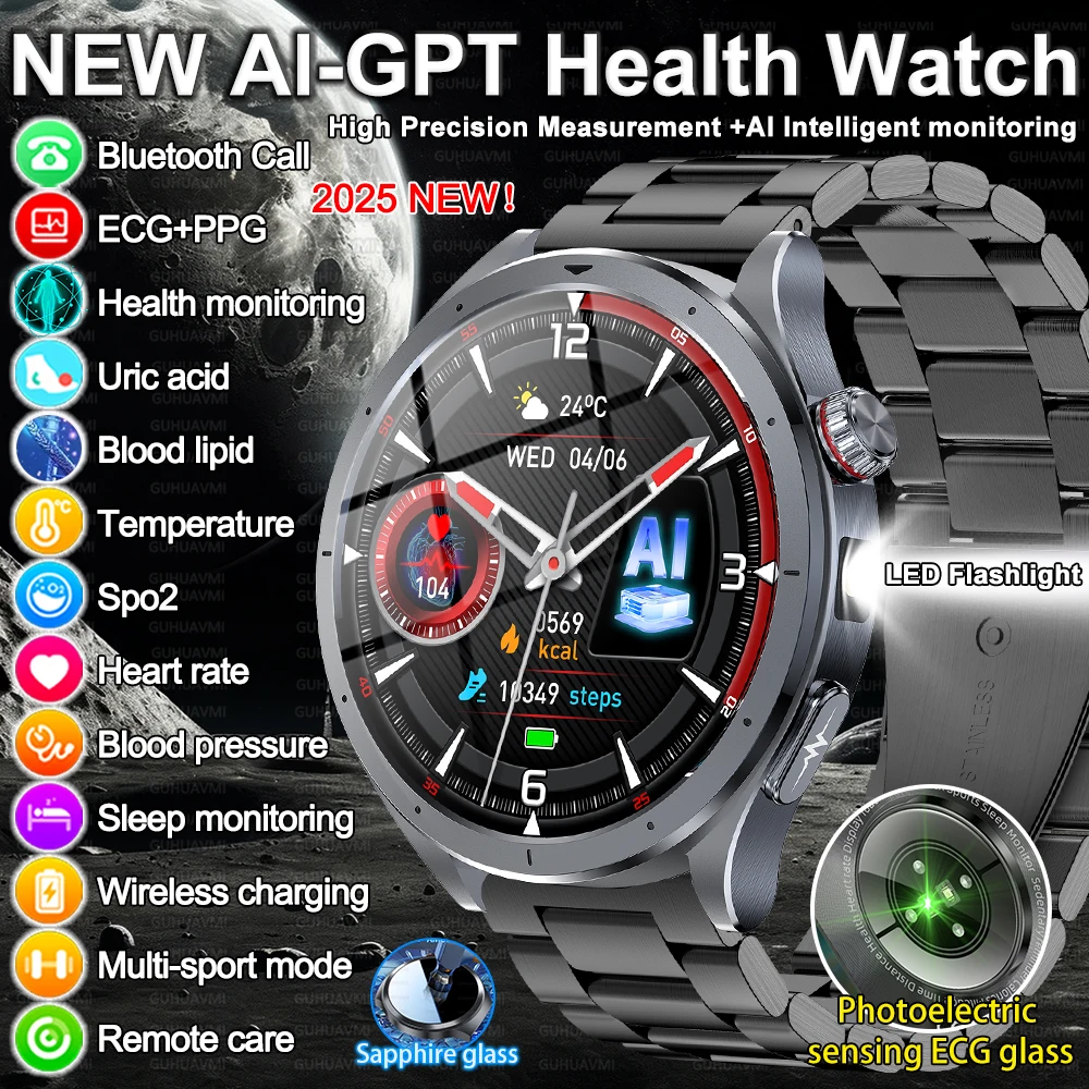 

2025 New Al Intelligent ECG+PPG Clock Women Men Uric Acid Blood Pressure Blood oxygen Body Fat Call LED Flashlight Smart watch