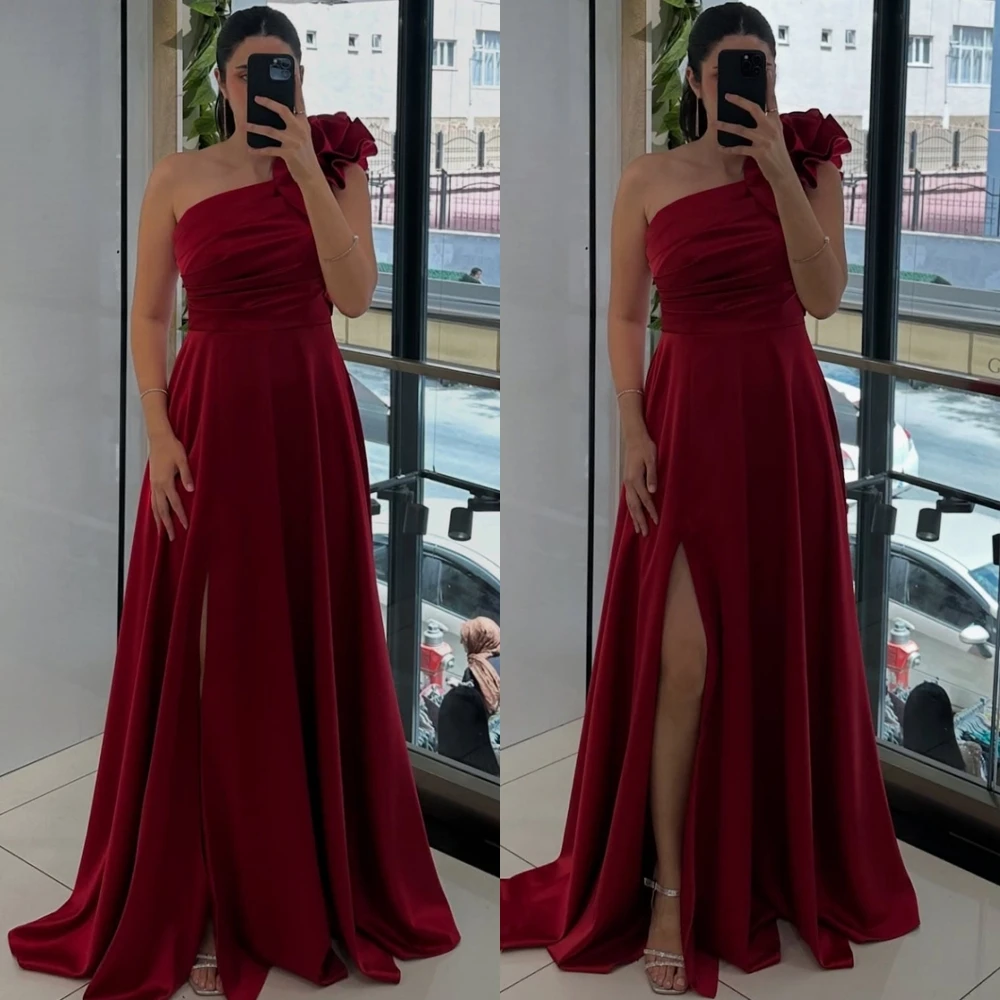 

Customized Graceful One Shoulder Evening Dress and Temperament Satin Special Occasion Gowns and Delicate Flowers Prom Dresses