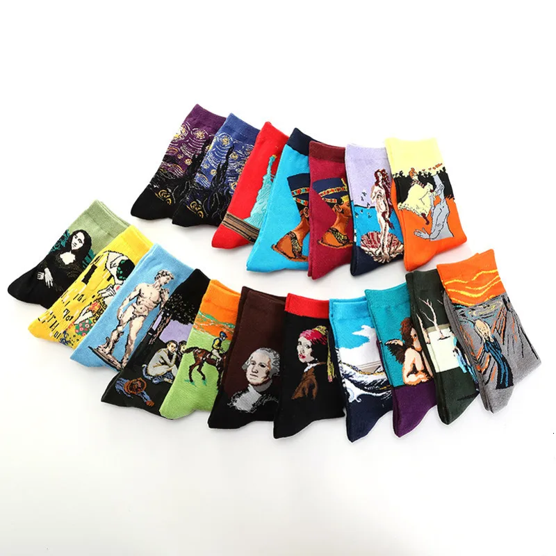 5 Pair/lot Colorful Men\'s Socks Harajuku Happy Funny Causal Cotton Socks Starry Night Art Oil Painting For Christmas Gift