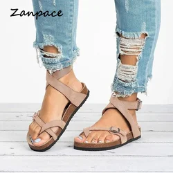 2023 Women Flat Sandals Summer Plus Size 44 Casual Beach Shoes Women Buckle Strap Gladiator Open Toe Flops Women Black Brown