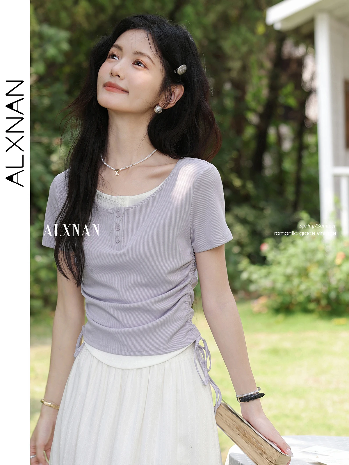 

ALXNAN Women's T-shirt Purple Elegant Short Sleeve T-shirt 2025 Summer Round Neck Slim-fit Drawstring Waist Tops Ladies L551103