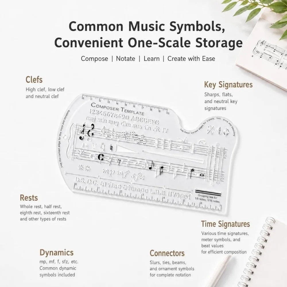 Plastic Music Composer Template Ruler Transparent Multifunctional Musical Staff Drawing Ruler Music Notation Template