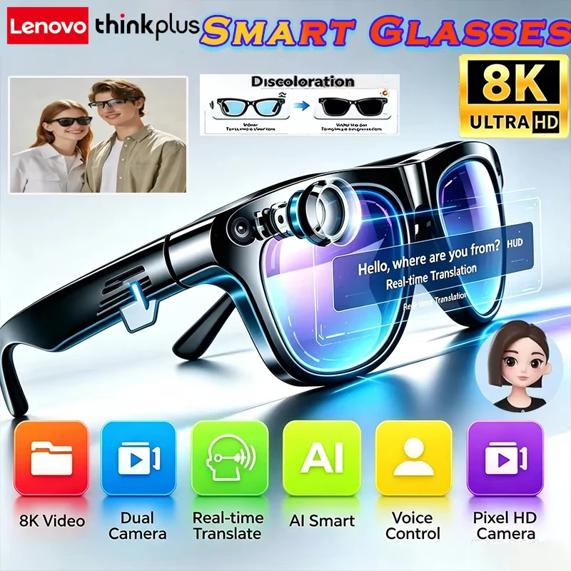 Lenovo Thinkplus Smart AI Glasses Upgrade 8K Shooting Camera Photo Video Voice Call Translation Bluetooth AI Motorcycle Glasses