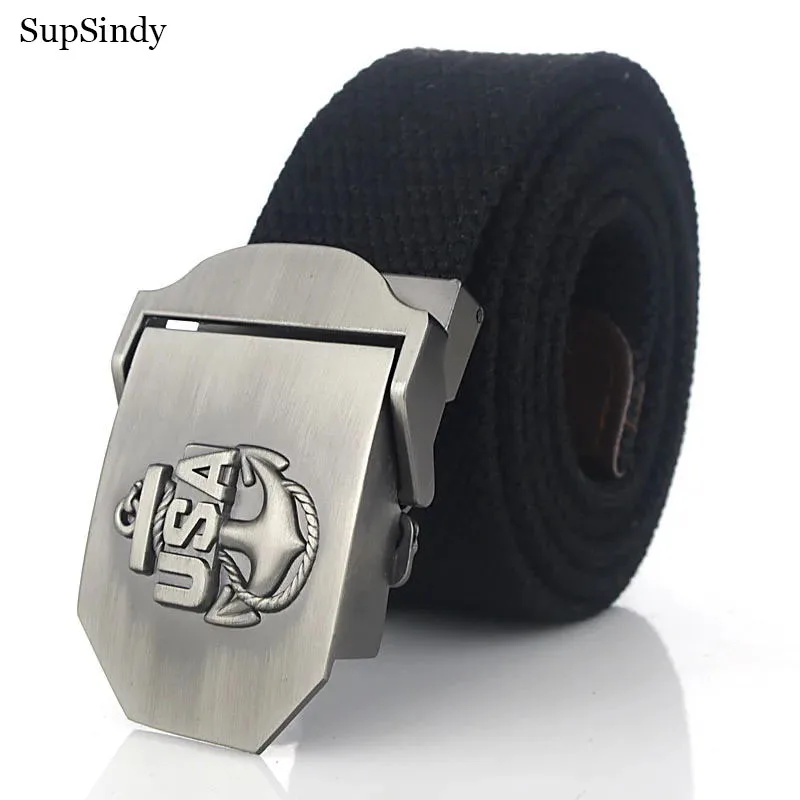 SupSindy Men Canvas Belt USA Anchor Metal Buckle Army Military Tactical Belts for Men Jeans Outdoor training Soldier Strap Male