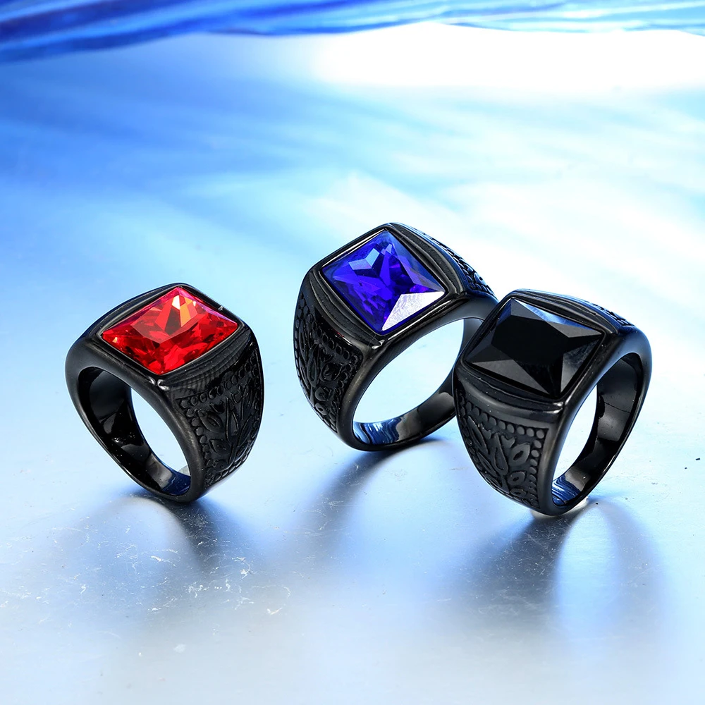 Never Fade Punk Fashion Big Blue Black Red Stone Ring Men Women Hip Hop Pattern Stainless Steel Ring Jewelry Gifts Dropshipping