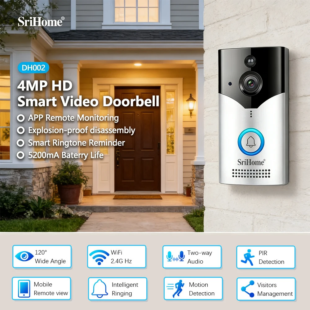 

Srihome 4MP 1440P Wi-Fi IP-камера для домашнего видеонаблюдения с низким энергопотреблением, голосовой связью в реальном времени, простой установкой без проводки DH002