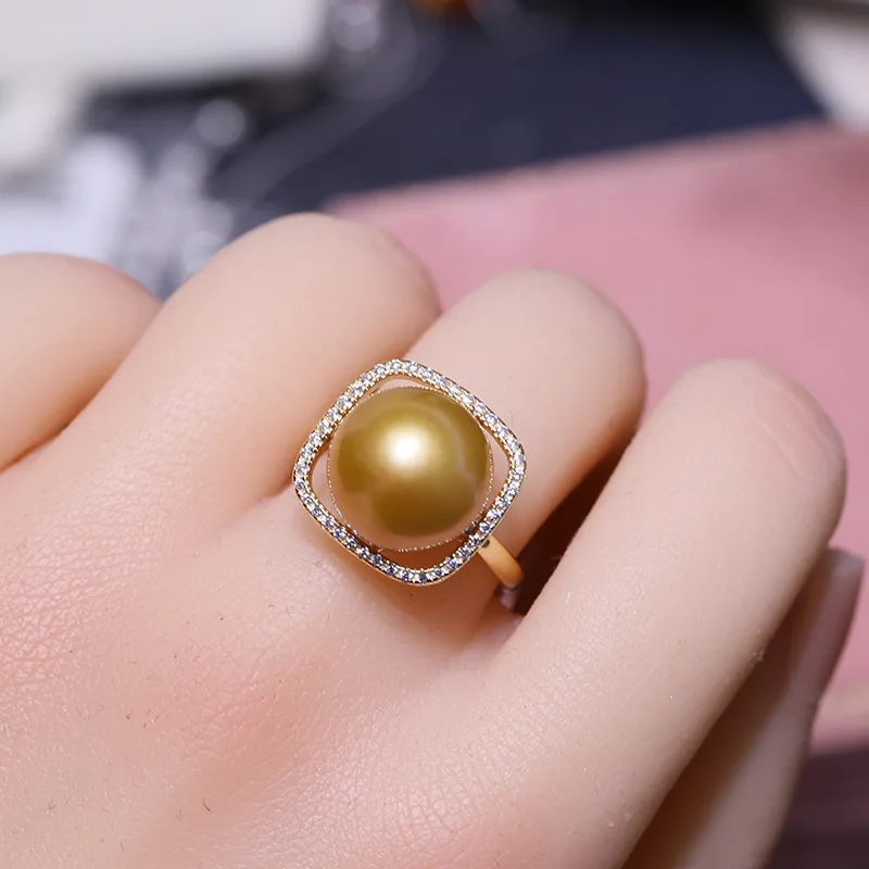 MeiBaPJ 12mm Natural Big Pearl Fashion Square Ring 925 Sterling Silver Fine Wedding Jewelry for Women Empty Tray