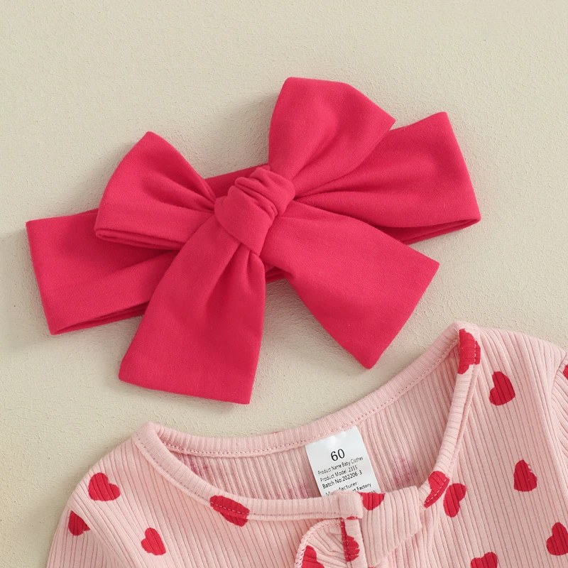 Infant Girl Valentine s Day Jumpsuit with Bow Headband Long Sleeve Ruffled Heart Print Zip Up Romper