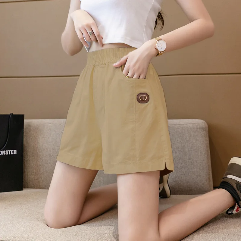 Women Summer Pure Cotton Loose Appear Thin Solid Color Straight Cylinder Labeling Fashion Elastic Waist Casual All-match Shorts