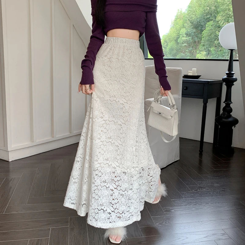 Saia Branca Bordada de Cintura Alta Versátil Retro, Midi, com Renda e Cauda, Saia Bodycon para Mulheres