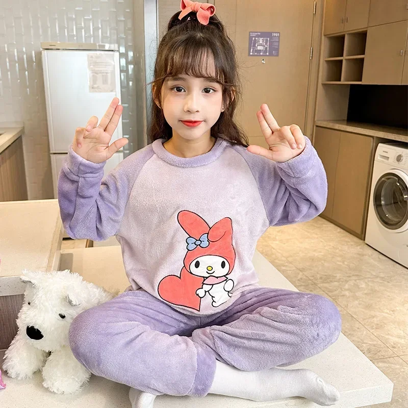 Sanrio Hello Kitty Kuromi Children\'s Pajamas Cinnamoroll My Melody Winter Autumn Flannel Anime Kids Sets Long Sleeved Girls Boys