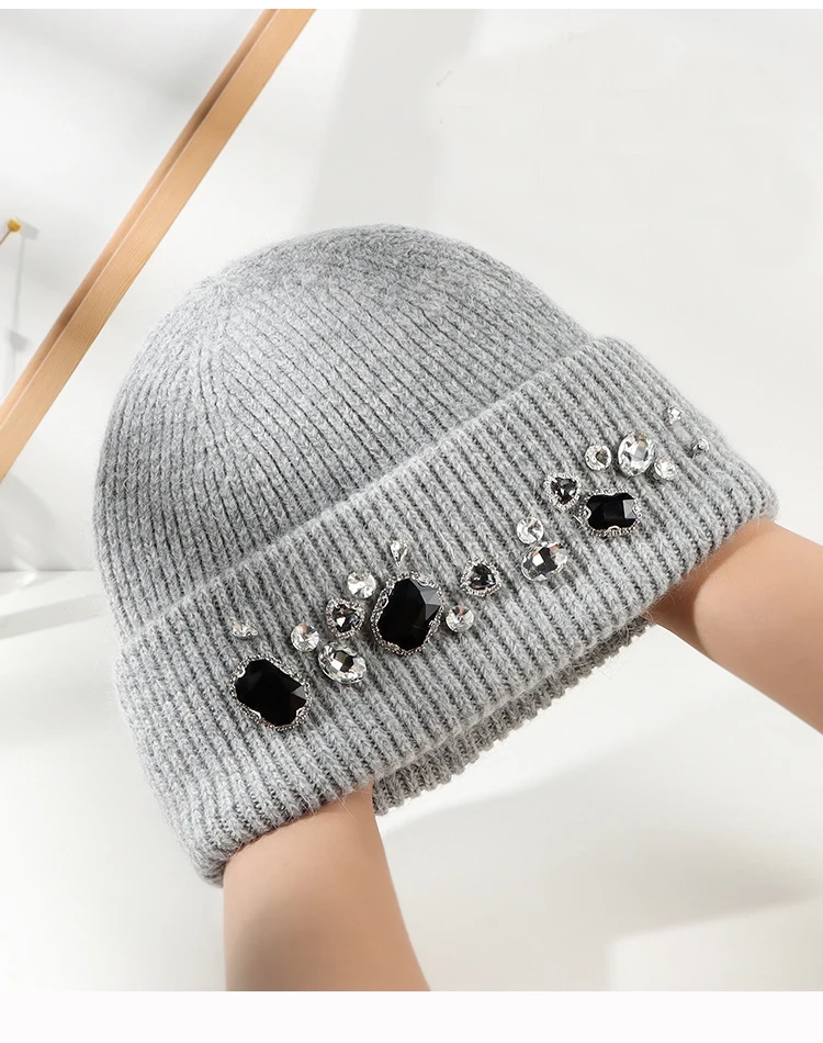 Luxury Beanie Hat for Women Winter Hat Knitted Rabbit Fur Skullies Hat Warm Bonnet Cap Female Hats for Girl