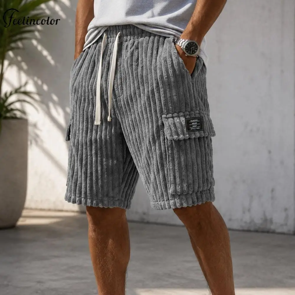 Men Vertical Striped Casual Pants Summer Multi-Color Pocket Pants Loose Drawstring Five-Point Trousers Daily Outdoor Male Bottom